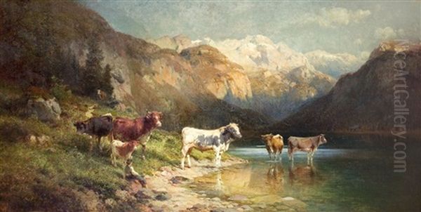 Berglandschaft Mit Viehherde Oil Painting by Julius Karl Rose