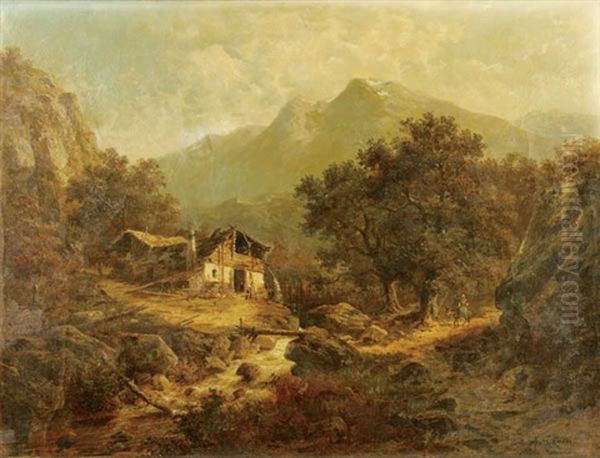 Alpine Scene With Chalet And Figures by Julius Karl Rose