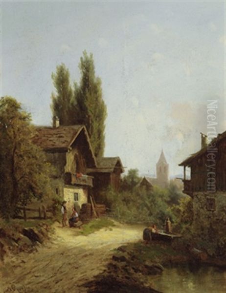 Idylle In St. Margarethen (?) Oil Painting by Julius Karl Rose