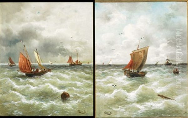 Fisherboats At The Adriatic Sea: Setting Out (+ Coming Ashore; Pair) Oil Painting by Julius Karl Rose