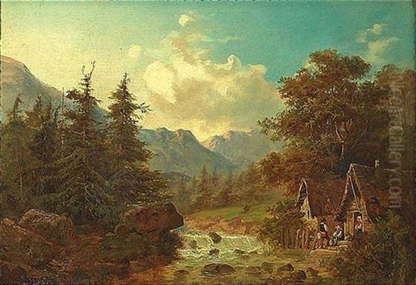 Gebirgslandschaft Mit Kleinen Bauernkaten Am Ufer Eines Baches Oil Painting by Julius Karl Rose