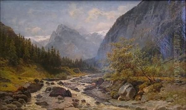 Mountain Landscape With Rocky Stream Oil Painting by Julius Karl Rose