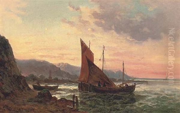 Fishing Boats Setting Sail At Dawn Oil Painting by Julius Karl Rose