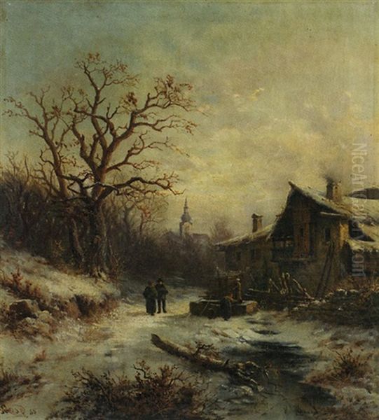 Rue De Village Animee Sous La Neige Oil Painting by Julius Karl Rose