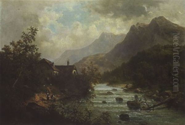 Gebirgslandschaft Mit Fluss Oil Painting by Julius Karl Rose