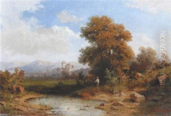 Teichlandschaft Mit Fischer Und Blick Auf Eine Burg Oil Painting by Julius Karl Rose