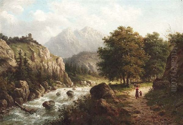 Weg An Wildbach Im Gebirge Oil Painting by Julius Karl Rose