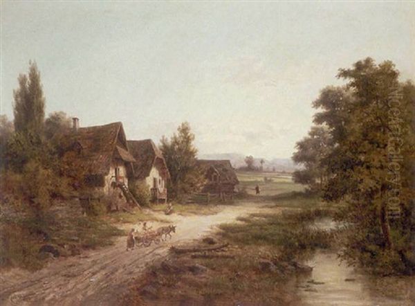 Bauernhofe Und Eselsgespann Am Bach by Julius Karl Rose