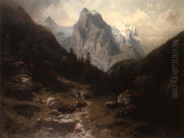 Elegant Figures On A Path Before The Well And The Wetterhorn Oil Painting by Julius Karl Rose