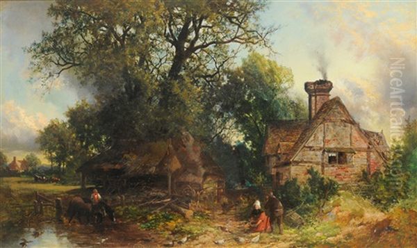 Figures Feeding Chickens Beside A Cottage Oil Painting by William S. Rose