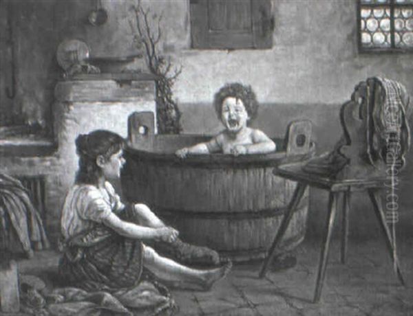 Giving The Child A Bath Oil Painting by William S. Rose