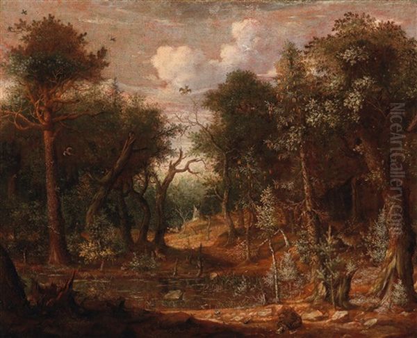 A Forest Landscape With A Bear In The Foreground Oil Painting by Franz Roesel von Rosenhof