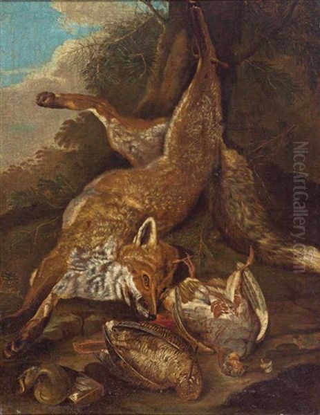 Stilleben Mit Fuchs, Schnepfe Und Vogel Oil Painting by Franz Roesel von Rosenhof