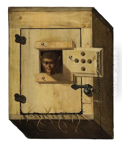 Trompe L'oeil Of A Capuchin Monkey In His Crate (the Cheeky Monkey) Oil Painting by Franz Roesel von Rosenhof