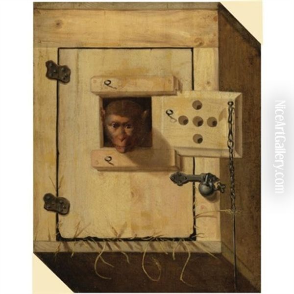 Trompe L'oeil Of A Capuchin Monkey In His Crate (the Cheeky Monkey) Oil Painting by Franz Roesel von Rosenhof