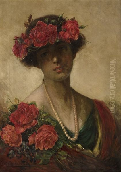 Portrait Of A Woman With Roses Oil Painting by Harry Herman Roseland