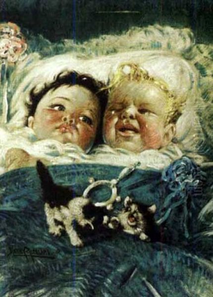 Sunshine And Rain: Two Babies Oil Painting by Harry Herman Roseland