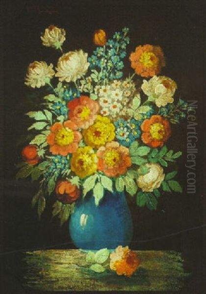 Still Life With Peonies And Delphinium In A Blue Vase Oil Painting by Harry Herman Roseland