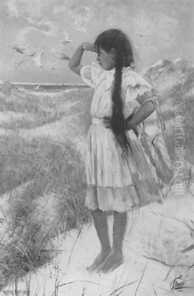 Young Girl In Dunes Looking Seaward Oil Painting by Harry Herman Roseland