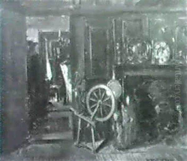 Interior With A Spinning Whell Near A Fire-place Oil Painting by Harry Herman Roseland