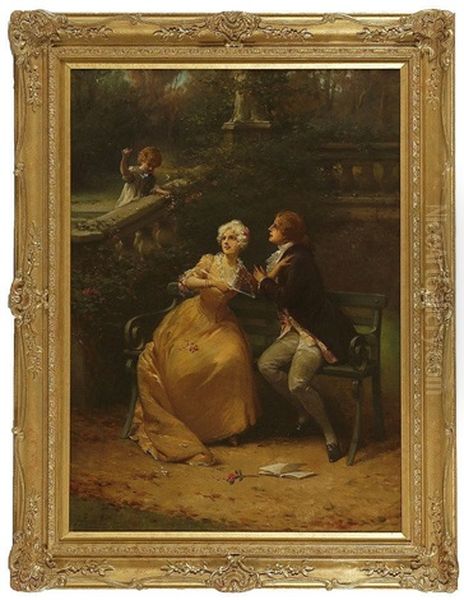 Elegant Figures Seated On A Garden Bench With Young Child Throwing A Ball Oil Painting by Alexander Rosell