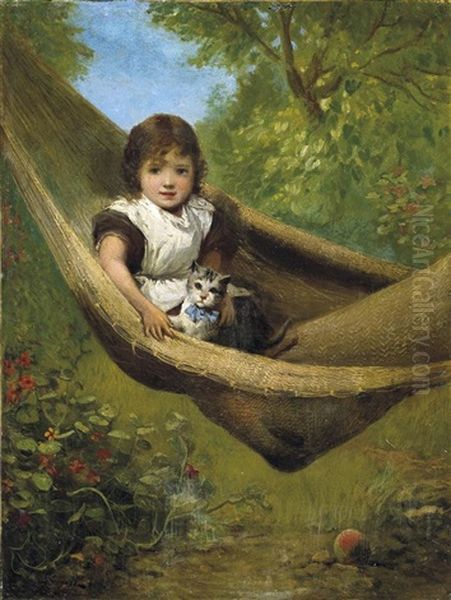 Kleines Madchen Mit Ihrer Katze In Der Hangematte Oil Painting by Alexander Rosell