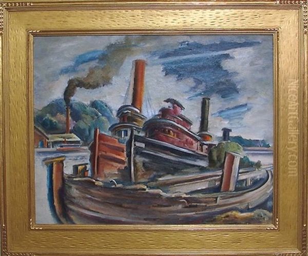 Darelicks, Tug Boats At Dock Oil Painting by Charles Rosen