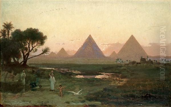 Pyramiderna Vid Giza Fran Nilens Strand Oil Painting by Georg Von Rosen