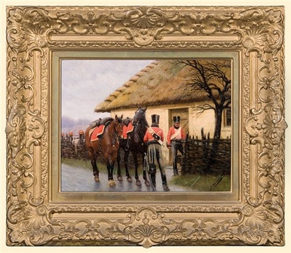 Hussards In Front Of A Hut Oil Painting by Jan Rosen