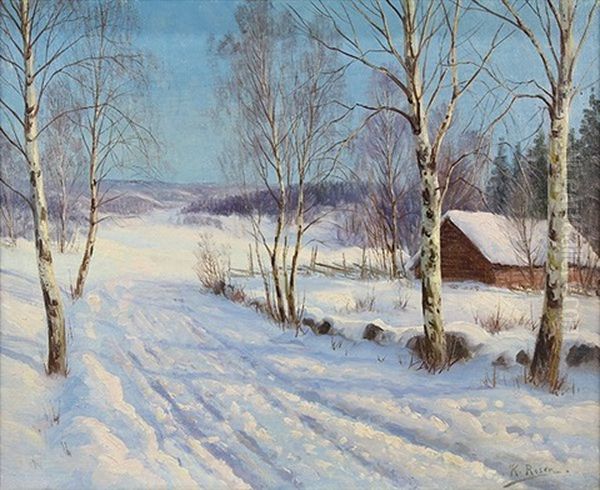 Winter Snowfall Scene With Cabin Oil Painting by Karl Rosen