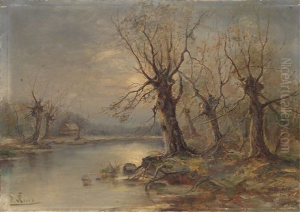 River Landscape With A Hut Oil Painting by Karl Rosen