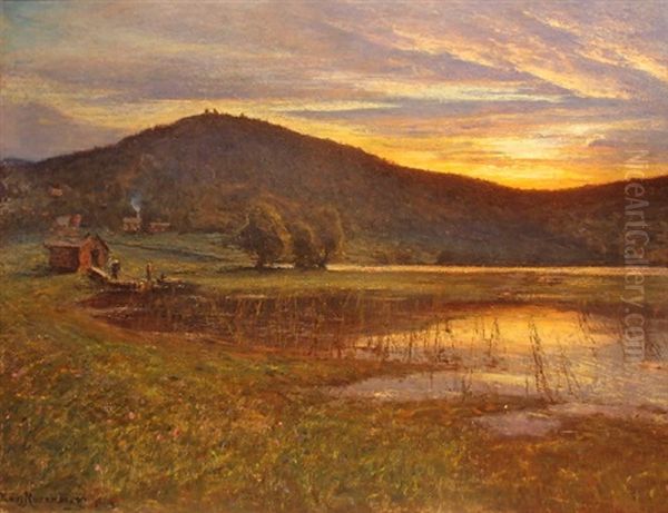 Paysage A La Cabane Au Bord De L'eau Oil Painting by Edvard Rosenberg