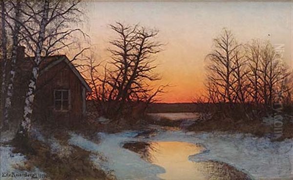 Stuga I Solnedgang Oil Painting by Edvard Rosenberg