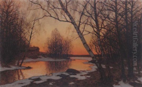 Senvinterlandskap I Aftonrodnad Oil Painting by Edvard Rosenberg