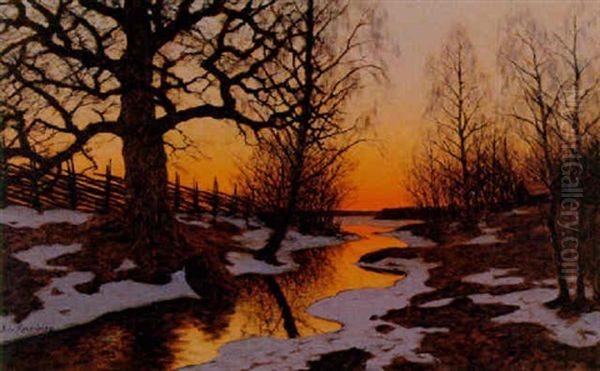 Vinterlandskap I Skymning Oil Painting by Edvard Rosenberg