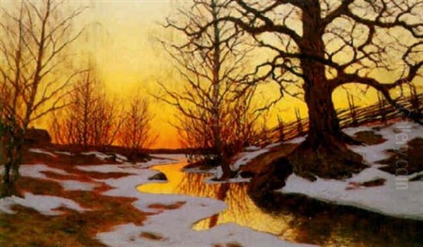 Varvinterlandskap Med A I Aftonsol Oil Painting by Edvard Rosenberg