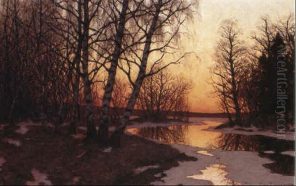 Solnedg+ng Over Vinterlandskap Oil Painting by Edvard Rosenberg