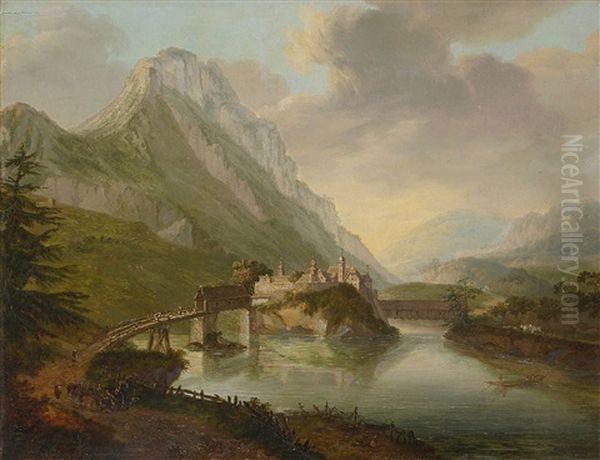 Gebirgslandschaft Mit Kleinem Stadtchen Auf Einer Felseninsel Oil Painting by Friedrich Rosenberg