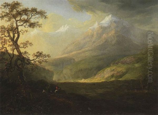 Weites Gebirgstal (in Der Schweiz?) Oil Painting by Friedrich Rosenberg