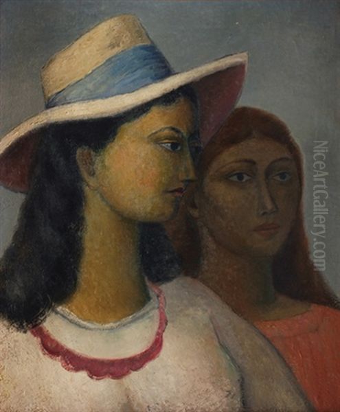 Dos Mujeres - Una Con Sombrero Oil Painting by Emilio Rosenblueth