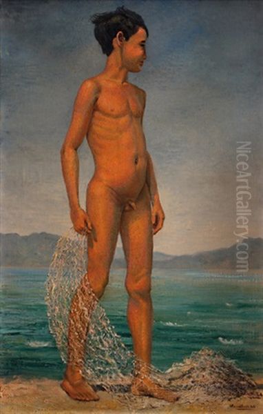 Nino Pescador Desnudo En La Playa Oil Painting by Emilio Rosenblueth