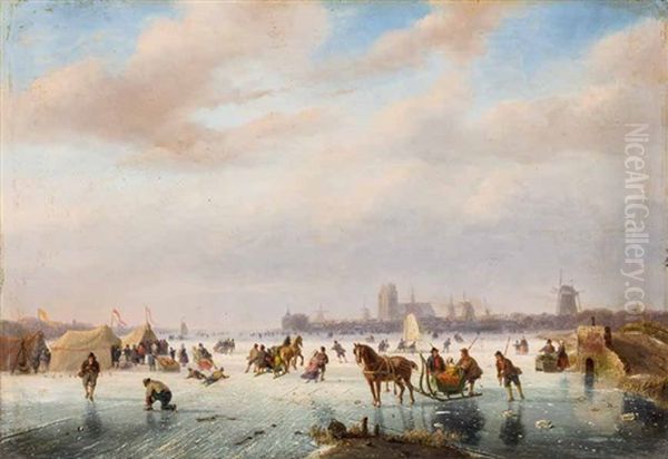 Winterliche Szene Mit Eisvergnugen, Im Hintergrund Die Stadt Dordrecht Oil Painting by Nicolas Rosenboom