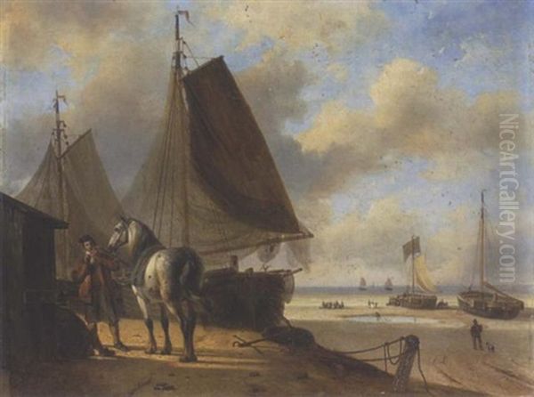 Rastende Bauern Mit Schimmel Bei Den Fischerbooten Am Strand Oil Painting by Nicolas Rosenboom