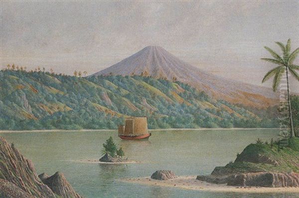 View From Ternate Harbour Looking South To Tidore With A View Of The Volcano Of Gunung Kiematubu Oil Painting by Pieter Rosenburg