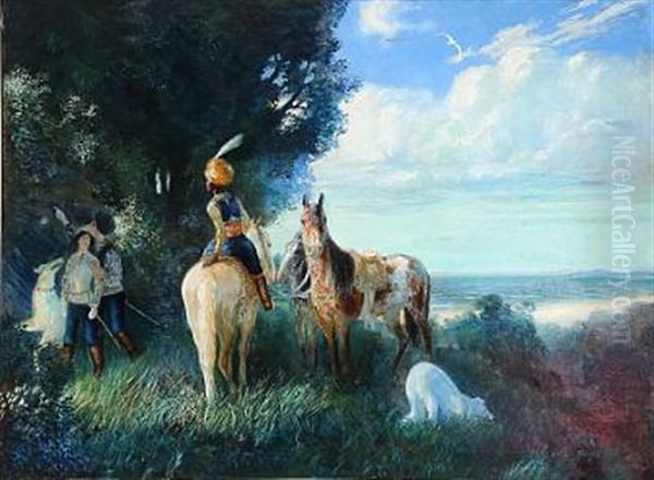 A Hunting Party In Oriental Dresses Is Taking A Rest Oil Painting by Eugen Ritter von Rosenfeld