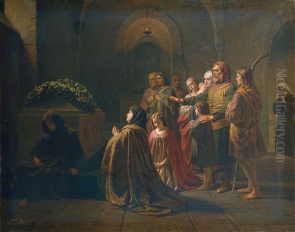 Betende Am Grab Kaiser Heinrichs Iv. In Der Ungeweihten Kapelle Der Hl. Afra Im Dom Zu Speyer Oil Painting by Ludwig Rosenfelder