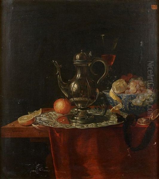 Nature Morte A La Coupe Wan Li, Au Verre Venitien, Aux Fruits Et Agrumes, Et A L'aiguiere Refletant L'autoportrait Du Peintre Oil Painting by Johannes Rosenhagen