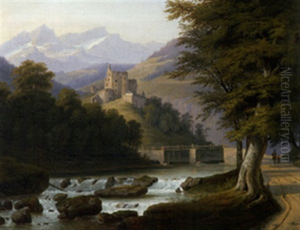 Gebirgslandschaft Mit Schlossruine Uber Flusslauf Oil Painting by Johann Heinrich Jacob Christian Rosenkranz