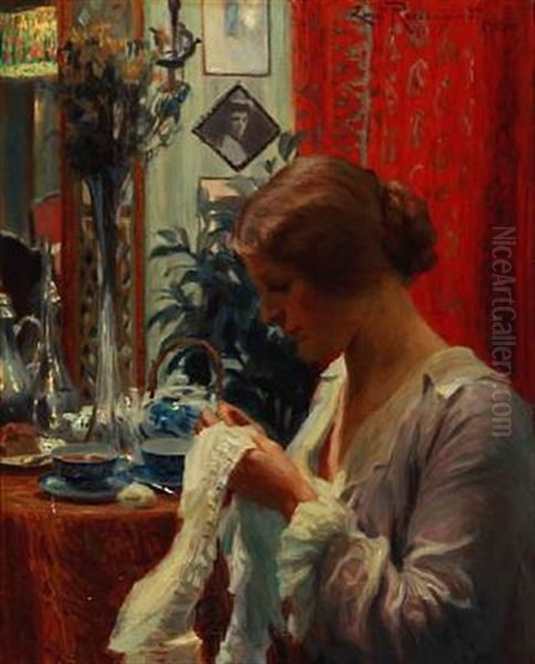 Interior With A Woman With Her Needlework Oil Painting by Christian Emil Rosenstand