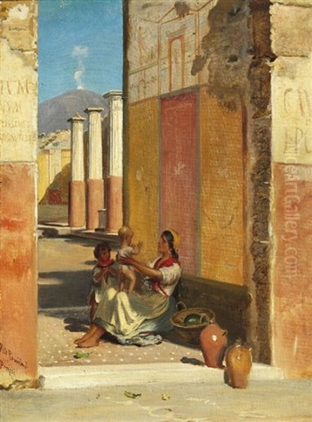 View From Pompeii With A Mother And Two Young Children Oil Painting by Vilhelm Rosenstand